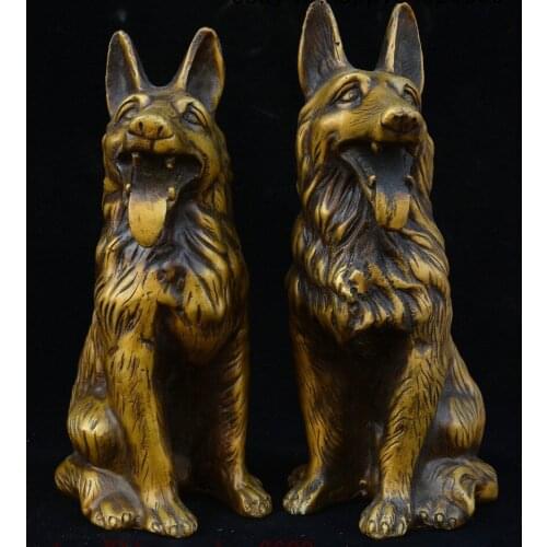 Old Chinese Copper Bronze Feng shui 12 Zodiac Year Animal Dog Wealth Statue Pair