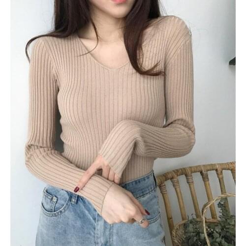 Women Autumn Winter Long Sleeve V Neck Ribbed Blouse Slim Knitted Pullover Top