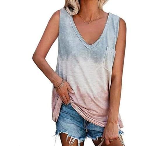 Gradient Printed Tops Tee Shirts Women Pocket T-shirt Summer Casual V-neck Loose T Shirt Sleeveless Female Soft Tops