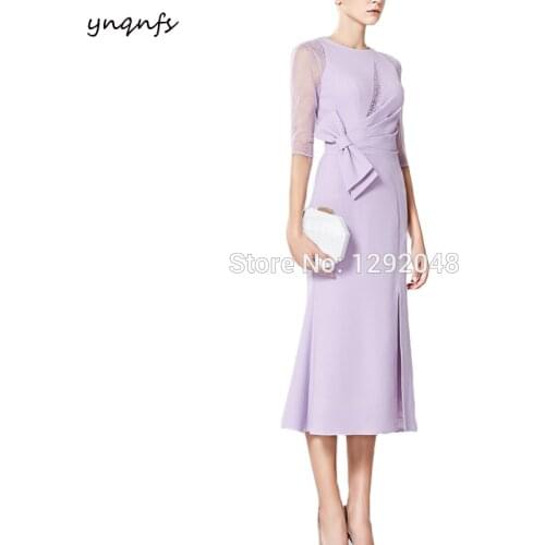 YNQNFS MD201 Vintage Half Sleeves Big Bow Tea Length Mother of the Bride Dresses Groom Outfits Lilac Guest Party Dress 2019