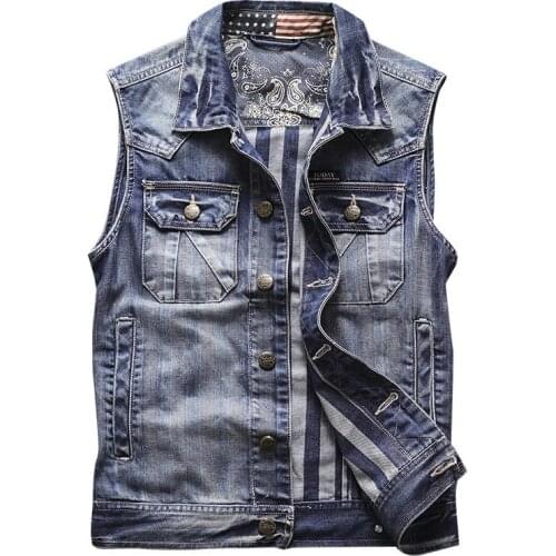 Vintage Men Slim Style Biker Motorcycle Denim Vest Multi Pocket Single Breasted Turn Down Collar High Quality
