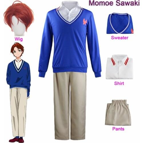 Japanese Anime WONDER EGG PRIORITY Momoe Sawaki Cosplay Costume Sweater Wig Halloween Party Uniform For Women Men