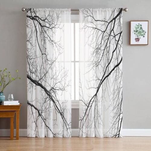 Plant Black Branches Voile Curtains for Living Room Window Treatment Sheer Curtains for Bedroom Kitchen Drapes