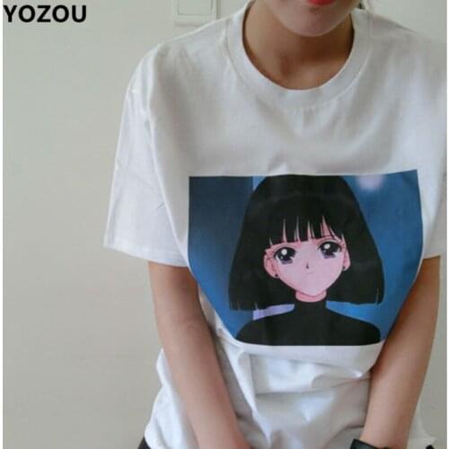Women sailor moon pattern printting white oneck summer casual oversize loose short sleeve cotton tshirt tee plus size top