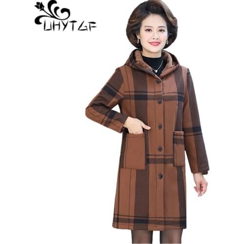 UHYTGF Hooded Autumn Winter Windbreaker Women Fashion Plaid Plus Velvet Warm Cotton Coat Casual Loose 5XL Large Size Jacket 1124