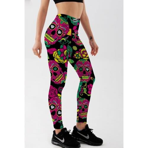 Qickitout Leggings Fitness Halloween New Womens Sexy Leggings Fashion Skeleton Mask Flowers Stretch Digital Print Pants Trousers