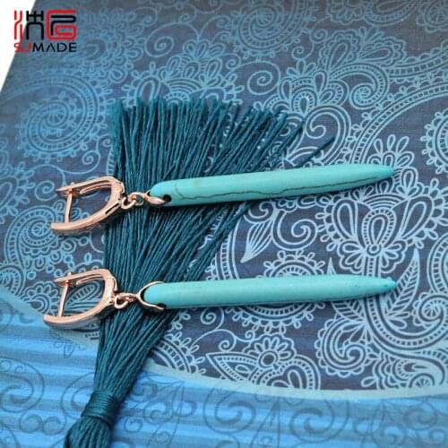 SJMADE Long Bohemia Vintage Synthetic Turquoises Dangle Earrings 585 Rose Gold Eardrop For Women Girl Wedding Party Jewelry Gift