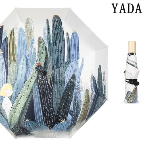 YADA Wood Handle Hand Painting Umbrella Folding Desert INS Plant Cactus Umbrellas For Women UV Windproof Rainy Umbrella YD243