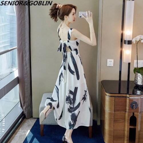 2020 Summer New Sleeveless Ink Art Print Cute Spaghetti Strap Dress Women Sexy Backless Lace-up Split Holiday Long Dresses