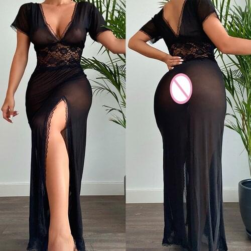 Women Sexy Lingerie Short Sleeve Deep V-Neck Split See-through Sheer Lace Maxi Dress Erotic Sex Costume Night Wear 2021