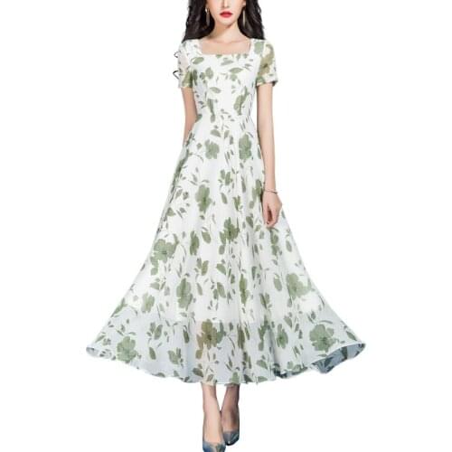 2021 Summer A Line Chiffon Dress Women Summer Flower Print Maxi Casual Vestidos For Ladies