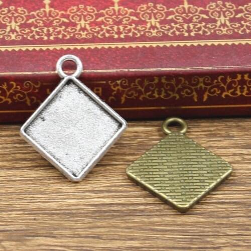 10pcs New Fashion 15mm Inner Size Antique Bronze Silver Color Classic Square Rhombus Style Cabochon Base Setting Charms Pendant