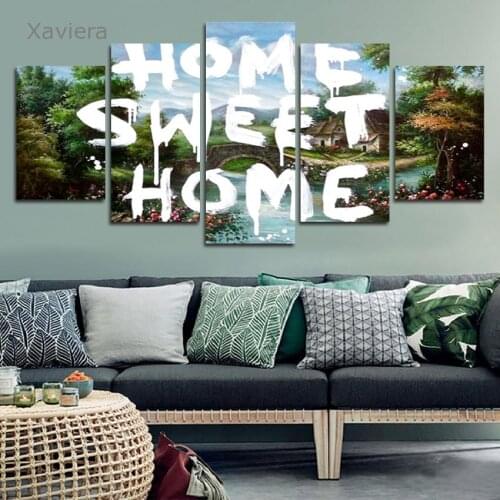 5Pcs House Landscape Art Wall Poster Hd Print Canvas Painting Letter Sweet Home Modular Mural Home Decoration Bedroom Frameless