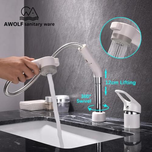 White Bathroom Sink Faucet Brass Pull Out Basin Faucet Mixer Tap Hot&Cold Water Single Handle Double Holes Deck Mounted ML8001