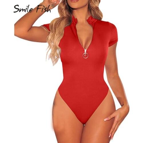 One Piece Solid Casual Short Sleeve Outfits Women Stretchy Zipper Body Sexy Black Rompers Knitting Zip Up Skinny Bodysuits M0714