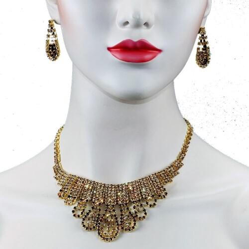 Chran Elegant Gold Color Rhinestone Wedding Jewelry Set for Bridemaids Fashion Crystal Prom Party Jewelry
