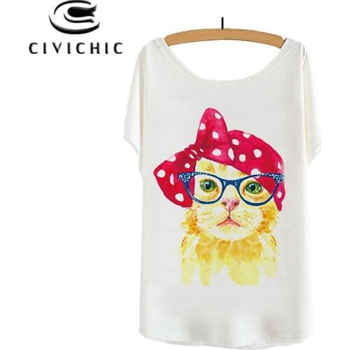 CIVI CHIC Kitty Bow Tie Print Tops Summer O Neck Women T-shirts Lovely Cat Printed Tees Bat Sleeves Cute T shirts One Size WST56