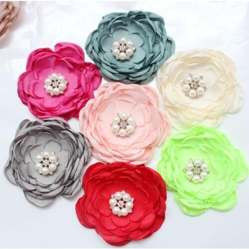 Free Shipping!30pcs/lot 3.5'' Burned Satin Flowers With Pearl Rhinestone,Kids Boutique Hair Flowers For DIY Hair Accessories