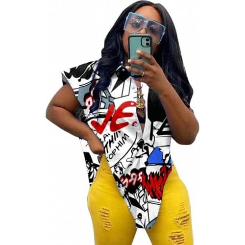 Dashiki African Lady Fashion Buttons Up Shirt Tops Sexy Summer Women Sleeveless Turn-down Collar Letter Irregular Hem Blouse