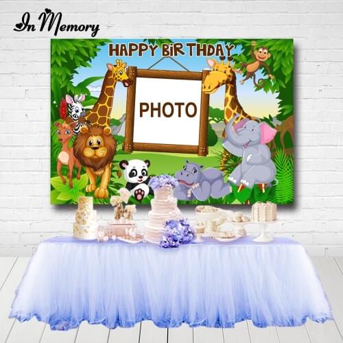 InMemory Safari Jungle Party Photography Backgrounds Green Forest Lion Elephant Boys Birthday Party Backdrops Custom Photo Text