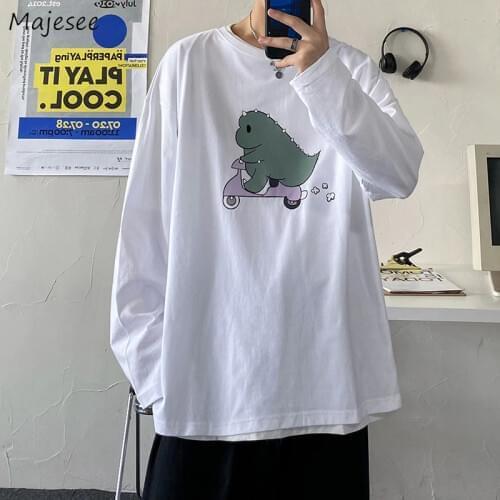 Men 100% Cotton Long Sleeve T-shirts Oversize 3XL Kawaii Cartoon Dinosaur Print White Tshirts Preppy Student Streetwear Pullover