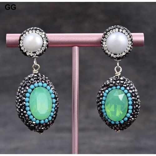 GuaiGuai Jewelry Natural White Pearl Green Crystal Black Macarsite CZ Pave Earrings For Women
