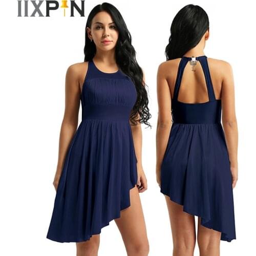IIXPIN Women Ballet Dance Halter Leotard Dance Dress Ruched Cutout Back with Clasp Irregular Hem Lyrical Modern Contemporary