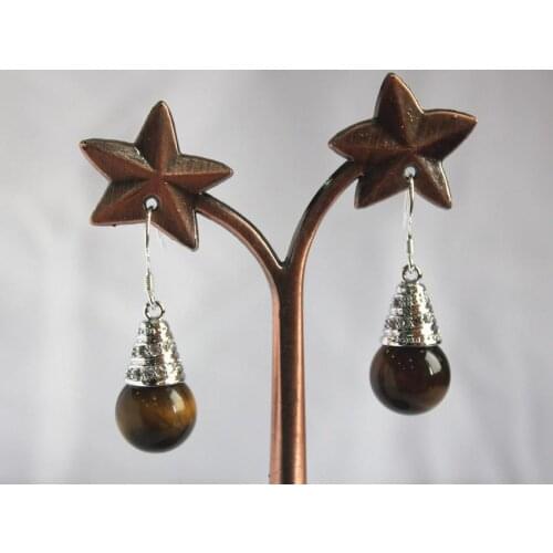 Beautiful & high quality Silver Plated+ 12mm tiger eye bead hook earring