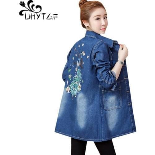 UHYTGF Spring Autumn Denim Jacket Fashion Embroidery Casual Women Outerwear Student Loose 3XL Plus Size Jeans Coat Wholesale 133