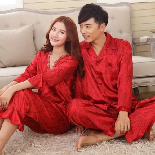 Faux silk mens pajama sets men sleepwear male sleep&lounge Chinese red wedding Pijamas for women couple pajamas female pyjamas