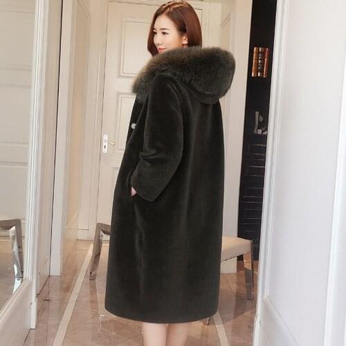 Sheep Shearing Overcoat Women Winter Warm Real Fur Coat With Natural Fox Fur Collar Femalle Long Hoody Parka Mujer Abrigo LX2601