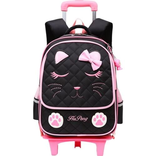 Removable Children School Bags with 2/6 Wheels for Girls Trolley Backpack Cute Cat Print Kids Wheeled Bag Bookbag Travel Luggage