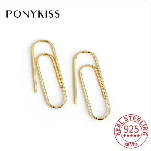 PONYKISS 100% S925 Sterling Silver Paper Clip Minimlist Hoop Earrings for Women Party Delicate Elegant Accessory Girls Gift