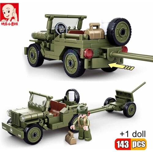 Sluban 143Pcs Military WW2 Combat Off-road Jeep Vehicle Building Blocks Army Soldier Weapons Car Model Bricks For Children Toys