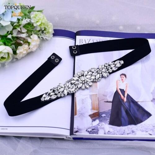 TOPQUEEN S407 Luxury Elastic Belt Rhinestone Belt Bridesmaid Belt Crystal Belt Sarees for Women Black Wedding Belts and Sashes