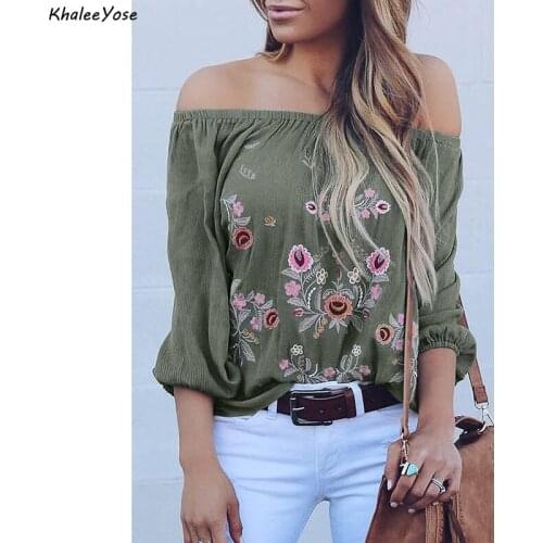 KHALEE YOSE Vintage Floral Embroidery Blouses Shirts Autumn Off The Shoulder Sexy Blouses Top Long Sleeve 2XL Plus Size Shirt