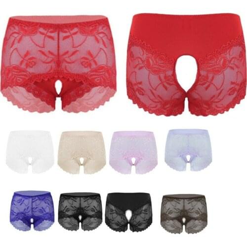 Women Floral Lace Panties Sexy Mid Elastic Waist Crotchless Sheer Mesh Knickers Underwear Lingerie