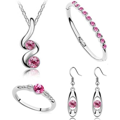 Fine jewelry 925 sterling silver for ladies wedding four-piece rose red crystal set necklace earrings bracelet ring set yw030