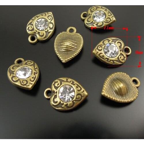 Julie Wang Alloy 10PCS Hanging Charm Retro Bronze Heart with Rhinestone Pendant Charms Handmade Fashion Jewelry