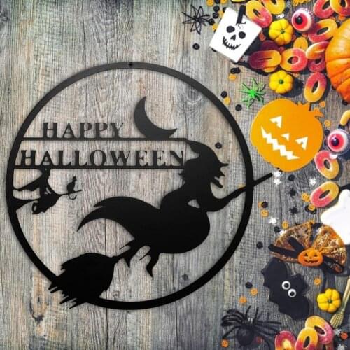 2021Halloween Witch On Broomstick Metal Art Happy Halloween Witch Riding A Broomstick Metal Iron Art With Witch Moon Cat 26X26cm