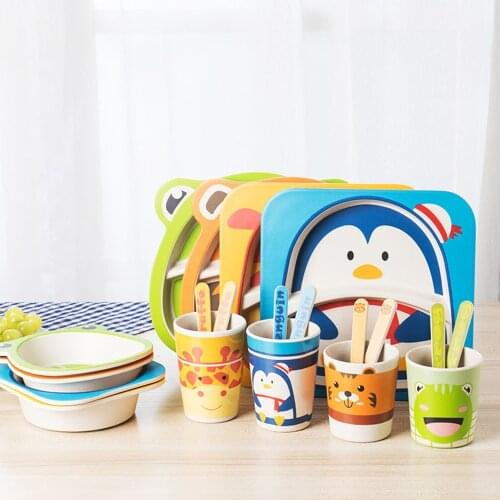 5Pcs/Set Bamboo Tableware Baby Dishes Children Cartoon Feeding Dishes Kids Natural Bamboo Fiber Dinnerware With Bowl Fork Cup
