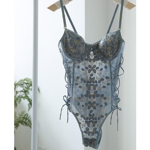 French Embroidery Bodysuit Sexy Lace Petal Decorate Bra Set Classic Bandage Women Underwear Thin Cup Push Up Brassiere Onesies