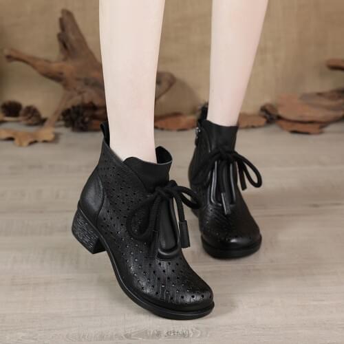 2021 Spring New Leather Comfortable Womens Sandals Side Zipper Retro Hole Shoes Large Size Thick Heel Sandals Women