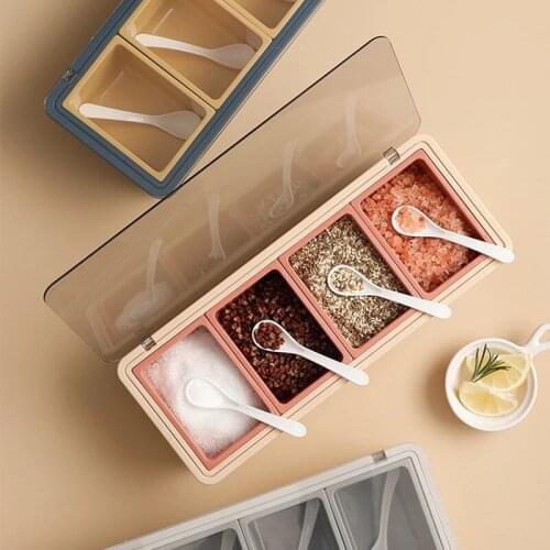 Household Kitchen Seasoning Box 4 Grids Spice Pepper Bring Spoon Transparent Moisture-Proof Spice Storage Boxs Tools Waterproof