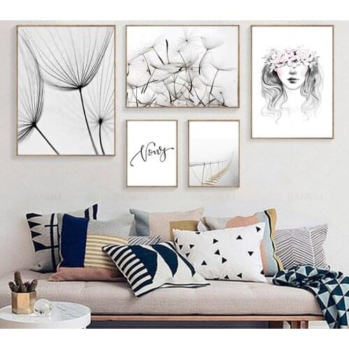 Girl Dandelion Bridge Quote Black White Line Drawing Anime Abstract Poster Wall Art Canvas Painting Pictures Living Room Decora