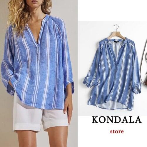 KONDALA Za 2021 Women Chic Blue Striped Oversized Long Shirts Office Lady V Neck Fashion Autumn Blouses Long Sleeve Mujer Tops