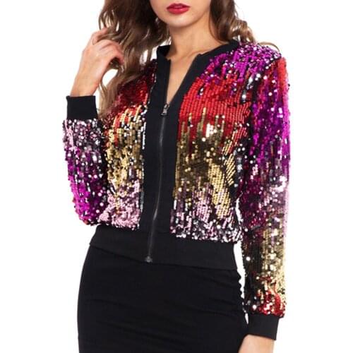 Vesear Women Fashion Short Jacket Sequin Sparkly Bomber Jackets V-Neck Long Sleeve Zipper Glitter Clubwear Streetwear Chic Coat