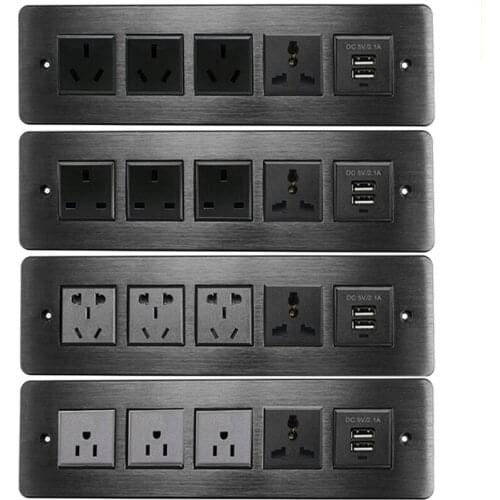 Wall Desktop Power Socket 5mm Aluminum Alloy Panel UK AU US Universal Socket Adapter Grounded 5v 2.1A 2USB Outlet Strip