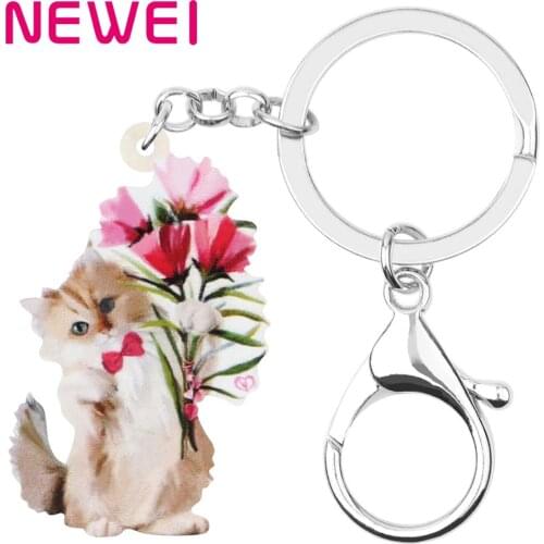 NEWEI Acrylic Valentines Day Flower Cat Key Chains Animal Key Rings Bag Car Purse Decorations For Women Girls Teens Charms Gift