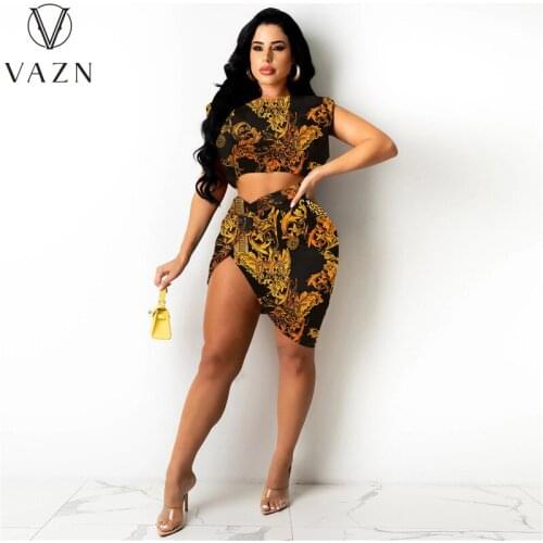 VAZN 2021 New Arrival Dress Set Retro Designer Sexy Short Sleeve Mini Skirts High Waist Women 2 Piece Set